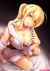 blonde cleavage ponytail Haribote heterochromia high angle artwork anime