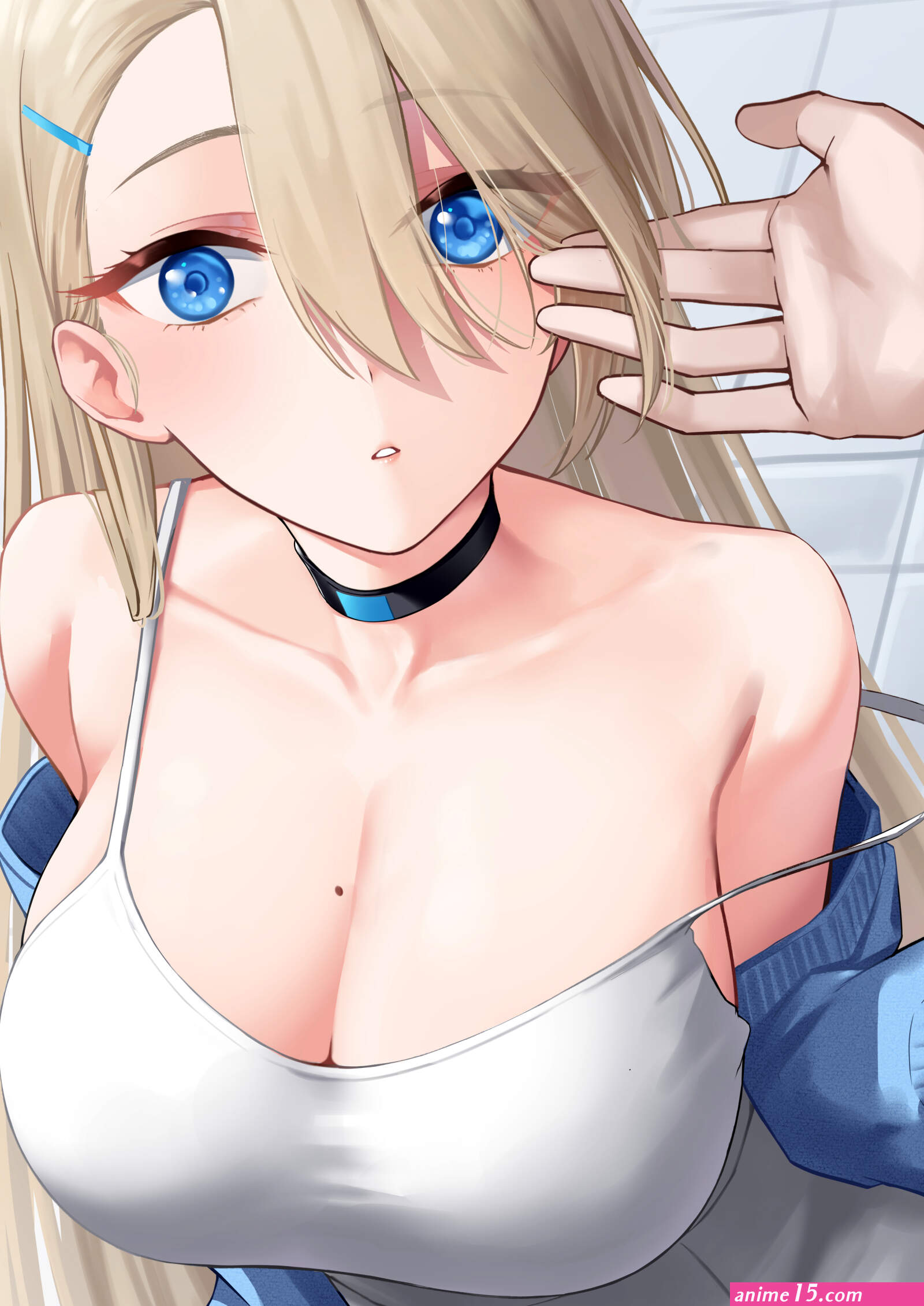 aoi riko asuna blue archive sensei blue archive blue archive absurdres highres 1boy 1girl :o asymmetrical bangs bare shoulders black choker blonde hair blue eyes blue jacket blush breasts camisole choker cleavage