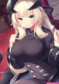 kanzakietc chamber dragonmaid yu-gi-oh! absurdres highres 1girl alternate breast size black dress blush breasts buttons closed mouth dragon girl dragon horns dragon wings dress duel monster ear cleaning feathered wings green eyes