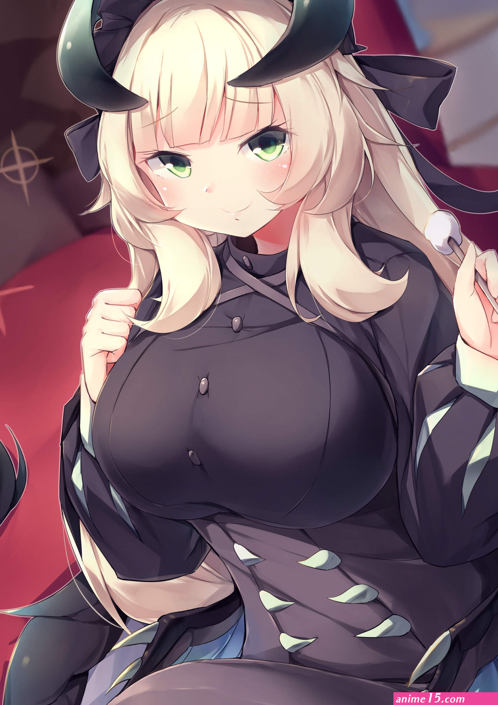 kanzakietc chamber dragonmaid yu-gi-oh! absurdres highres 1girl alternate breast size black dress blush breasts buttons closed mouth dragon girl dragon horns dragon wings dress duel monster ear cleaning feathered wings green eyes
