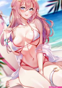 big boobs pink hair cleavage anime anime girls bikini straw hat sunglasses hairpins beach
