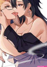 lesbians tongue out boobs on boobs anime girls anime yuri kissing glasses earring cross cigarettes