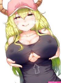 cleavage holding boobs hard nipples big boobs heterochromia nipples through clothing green hair tongue out hair between eyes standing no bra torn clothes boobs anime girls anime Kobayashi-san Chi no Maid Dragon