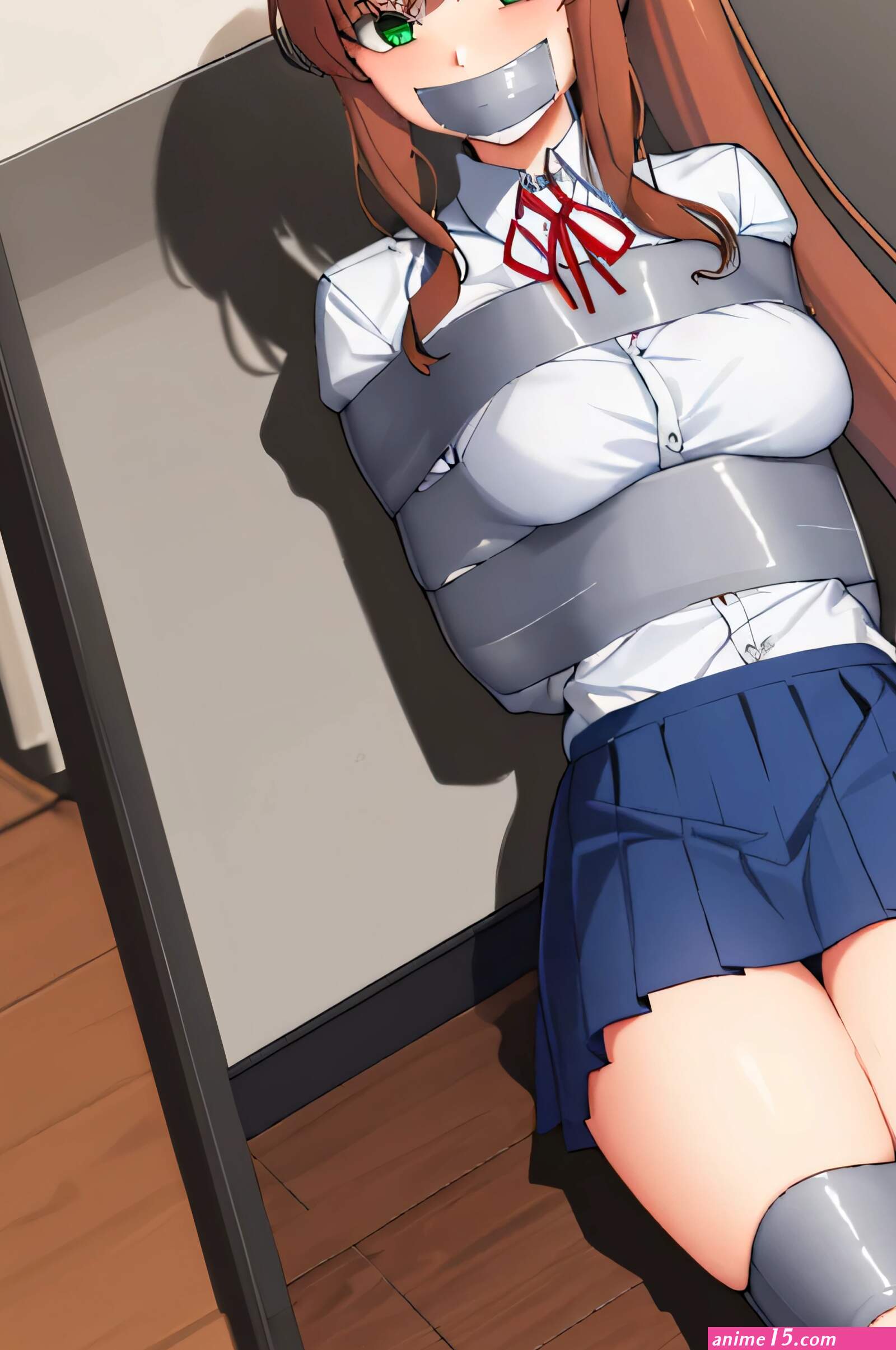Anime girl with black hair and white shirt sitting on a chest