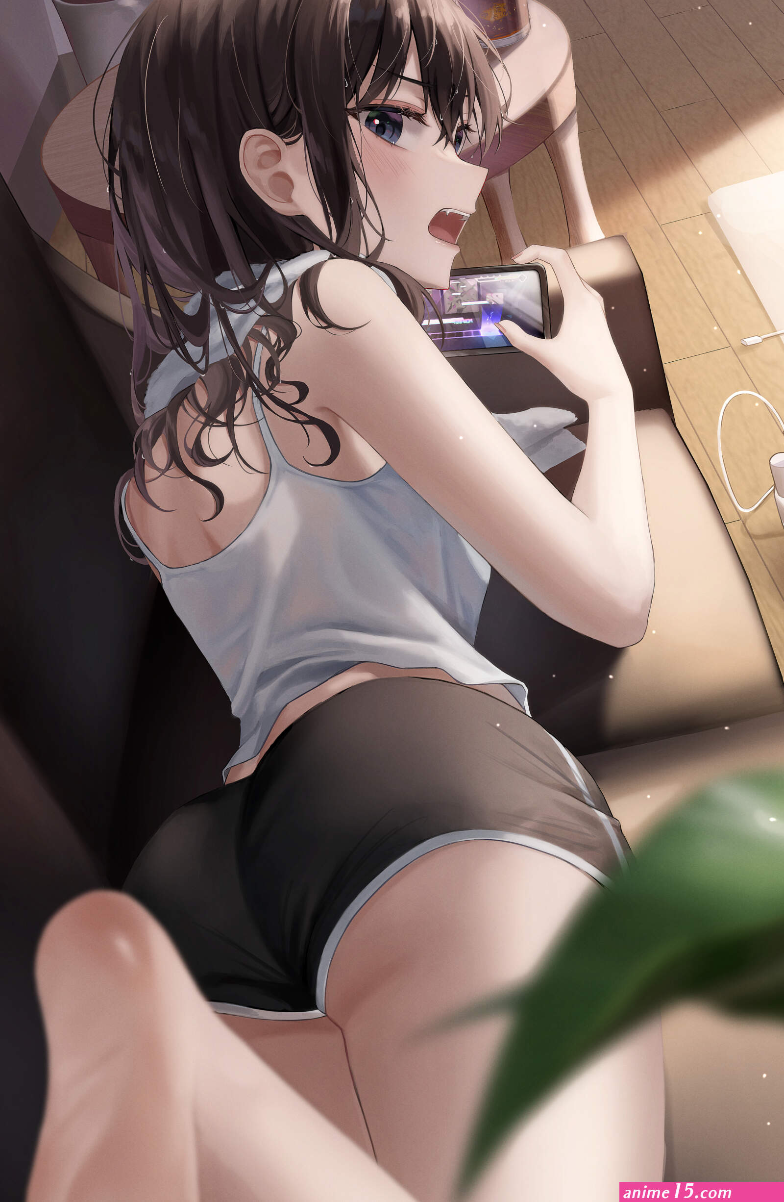 ass feet foot sole lying on front anime anime girls short shorts phone