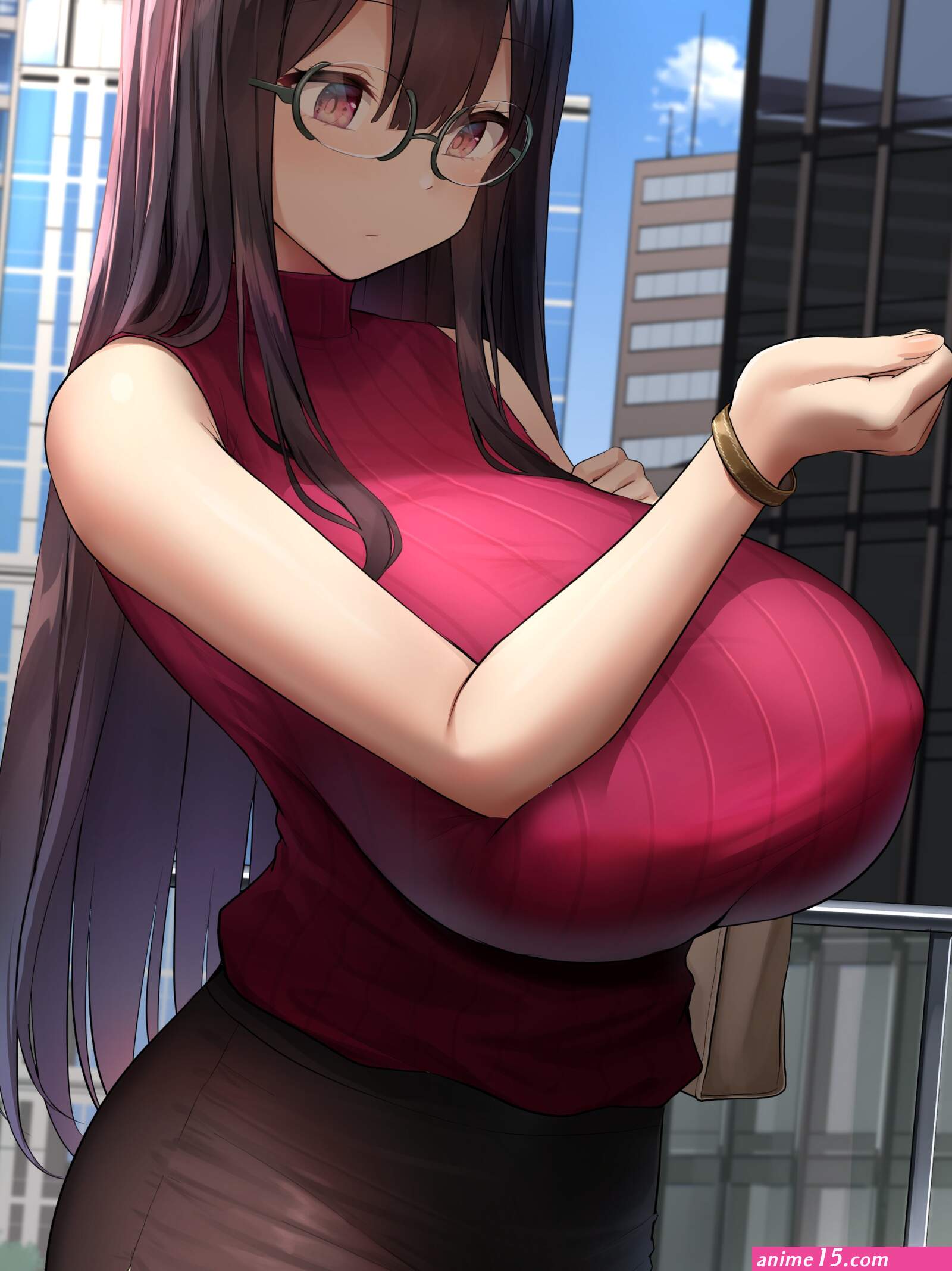oekakizuki original absurdres commentary request highres 1girl bag bare shoulders black skirt blue sky borrowed character breasts brown eyes brown hair building cityscape closed mouth cloud covered erect nipples dutch angle glasses
