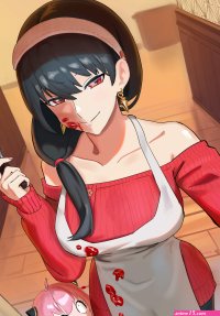 cokeanut10 anya spy x family yor briar spy x family absurdres highres 1girl adapted costume alternate breast size alternate costume ambiguous red liquid apron bare shoulders black hair breasts child denim dress