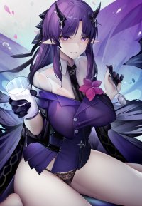 purple hair big boobs nipple bulge sitting hanging boobs Zhixue long hair looking at viewer anime anime girls Arknights milk purple eyes pointy ears panties black panties boob pockets tie horns spoon
