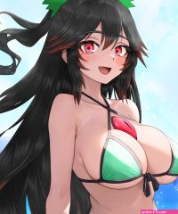 sugar you reiuji utsuho touhou absurdres highres 1girl :d bare shoulders bikini black hair blush bow breasts chest jewel day eyelashes green bikini green bow hair between eyes hair bow halterneck happy