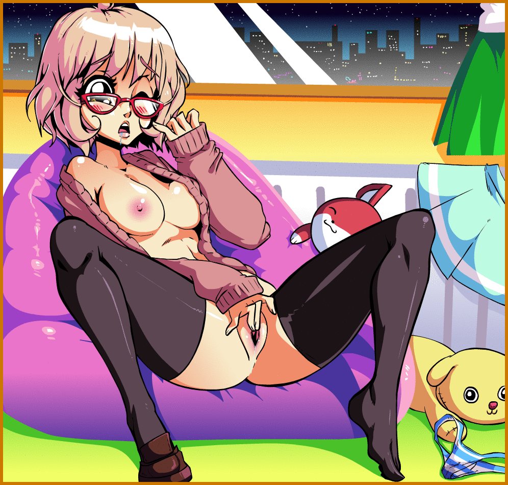 speedoru kuriyama mirai kyoukai no kanata animated animated gif 10s 1girl black leggings blush breasts feet female focus female masturbation glasses large breasts leggings masturbation nipples one eye closed open mouth pink