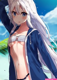 nuko miruku original absurdres commentary request highres 1girl animal ear fluff animal ears arm up bikini bikini under clothes blue eyes blue jacket blue sky blush breasts cat ears cloud collarbone day