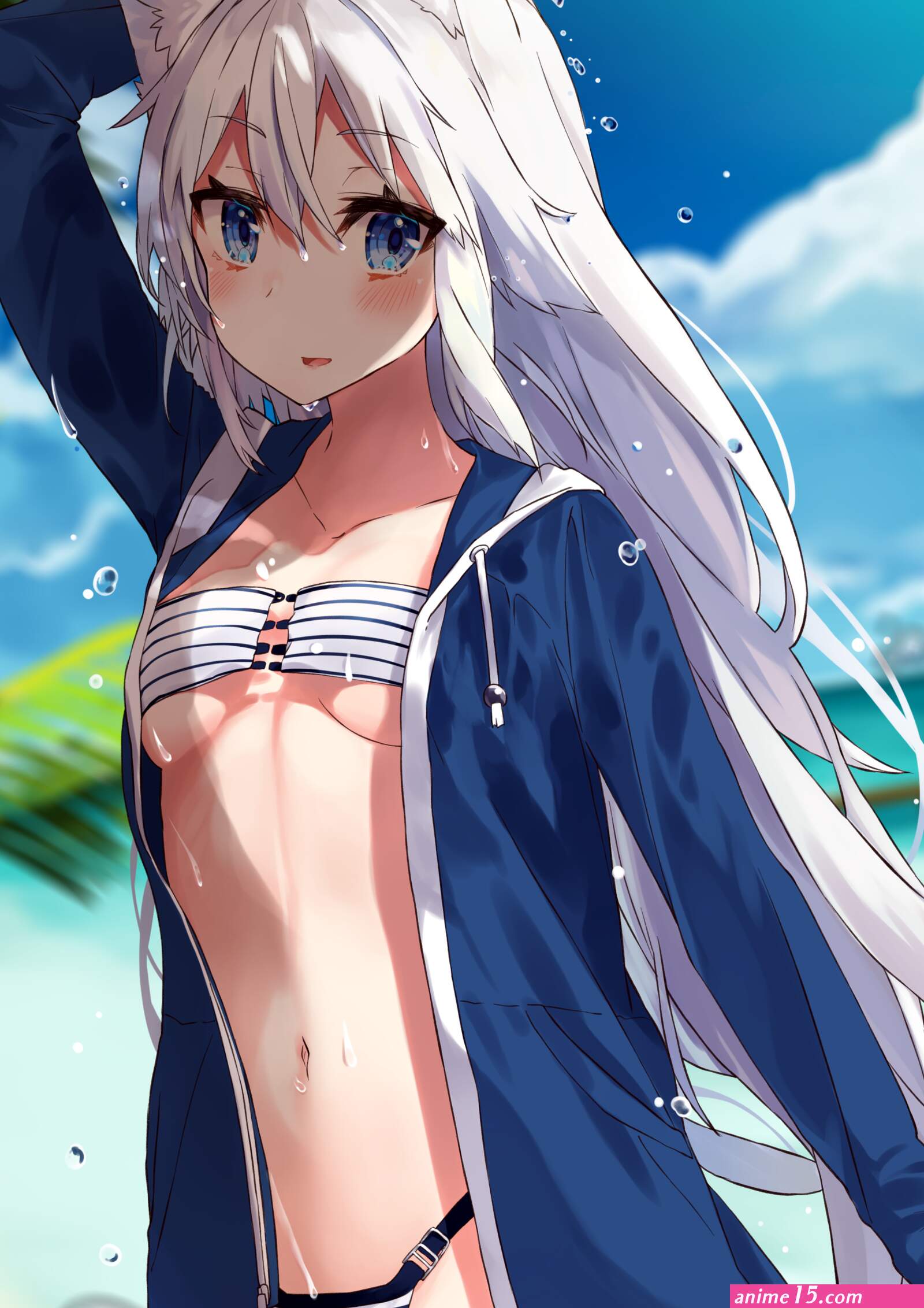nuko miruku original absurdres commentary request highres 1girl animal ear fluff animal ears arm up bikini bikini under clothes blue eyes blue jacket blue sky blush breasts cat ears cloud collarbone day