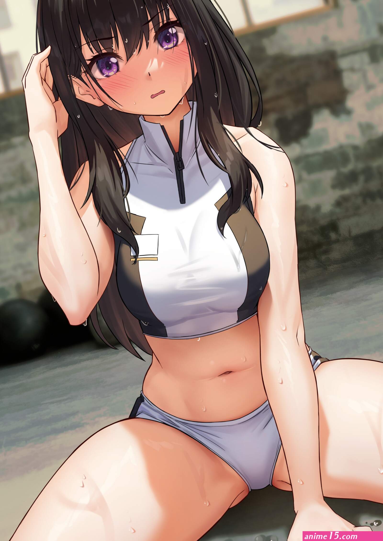 SOLar anime anime girls spread legs Lycoris Recoil Inoue Takina sweat sweaty body purple eyes black hair sportswear artwork