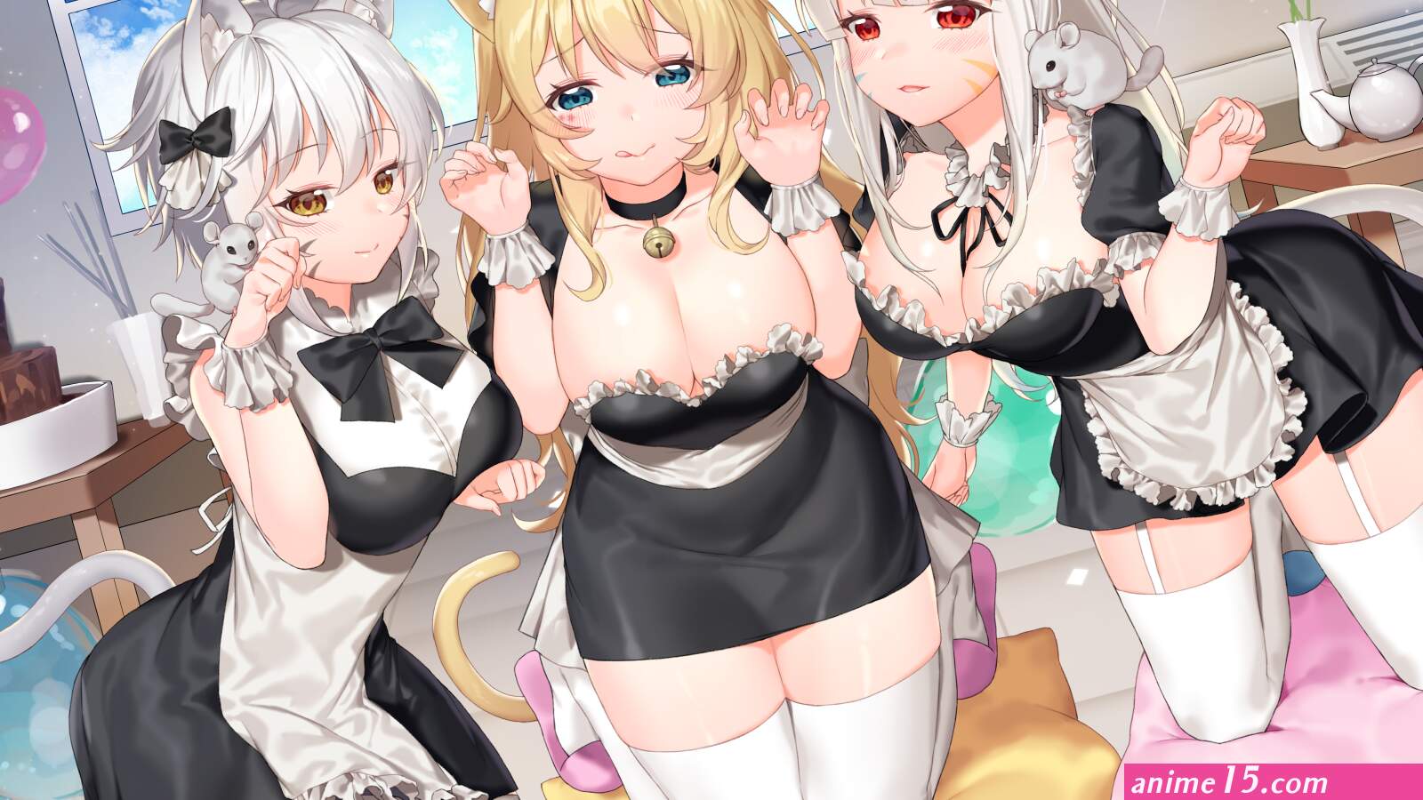4K thick thigh cleavage maid outfit anime cat girl animal ears thigh-highs HD Wallpaper