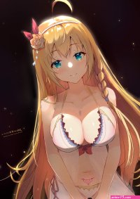 Yukizawa Xueze smiling blonde long hair cleavage big boobs anime anime girls digital art artwork 2D portrait display Princess Connect Re:Dive Pecorine Princess Connect! aqua eyes bikini womb tattoo