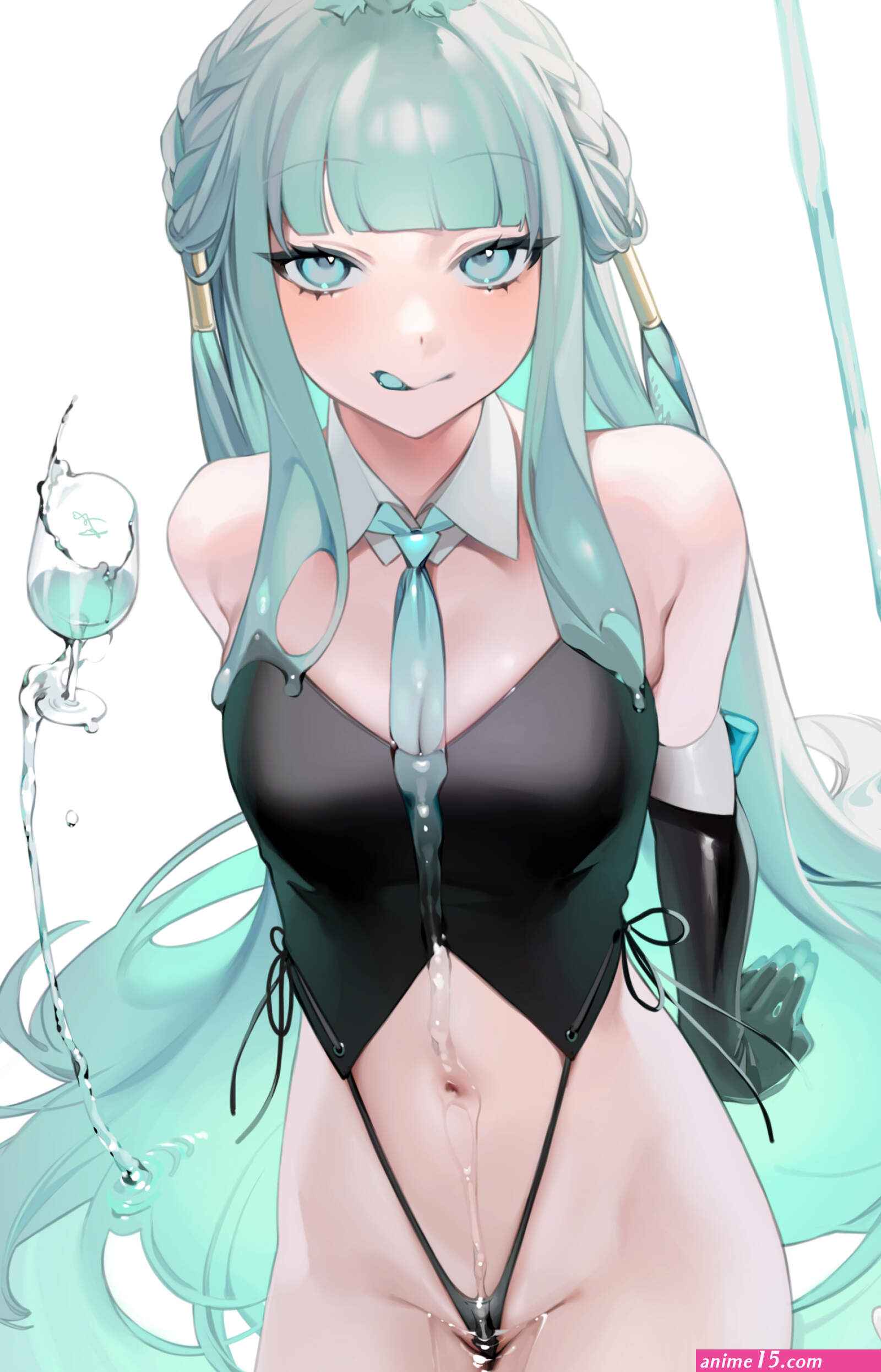 original characters ohisashiburi tongue out cleavage shaved pubic hair belly anime anime girls simple background portrait display cyan hair aqua eyes thigh-highs gloves leotard bunny suit animal ears bunny ears