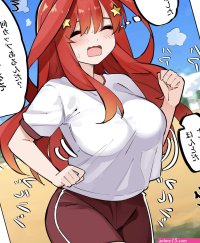 mame1645 nakano itsuki go-toubun no hanayome highres blue eyes blush bouncing breasts breasts double-parted bangs eyebrows hidden by hair gym shirt gym shorts gym uniform hair between eyes hair ornament large breasts