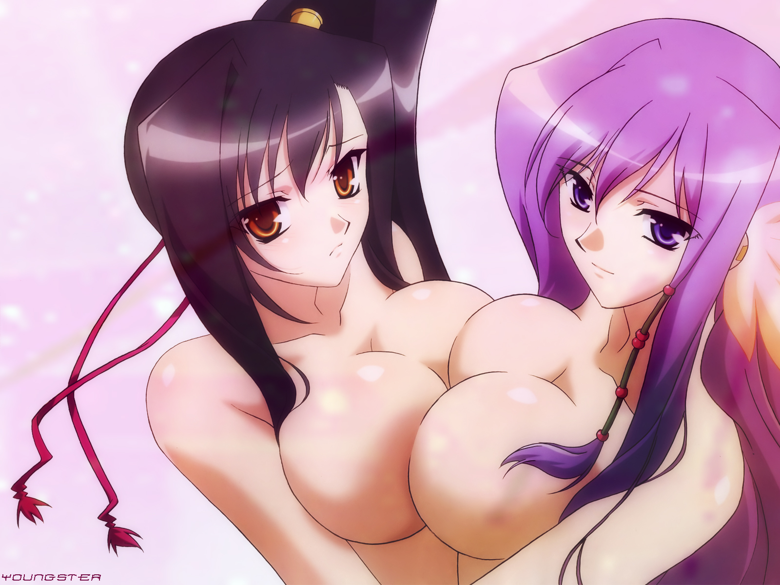 black hair breasts cleavage hiratsuka tomoya kanu koihime musou kouchuu nude pink hair purple eyes watermark