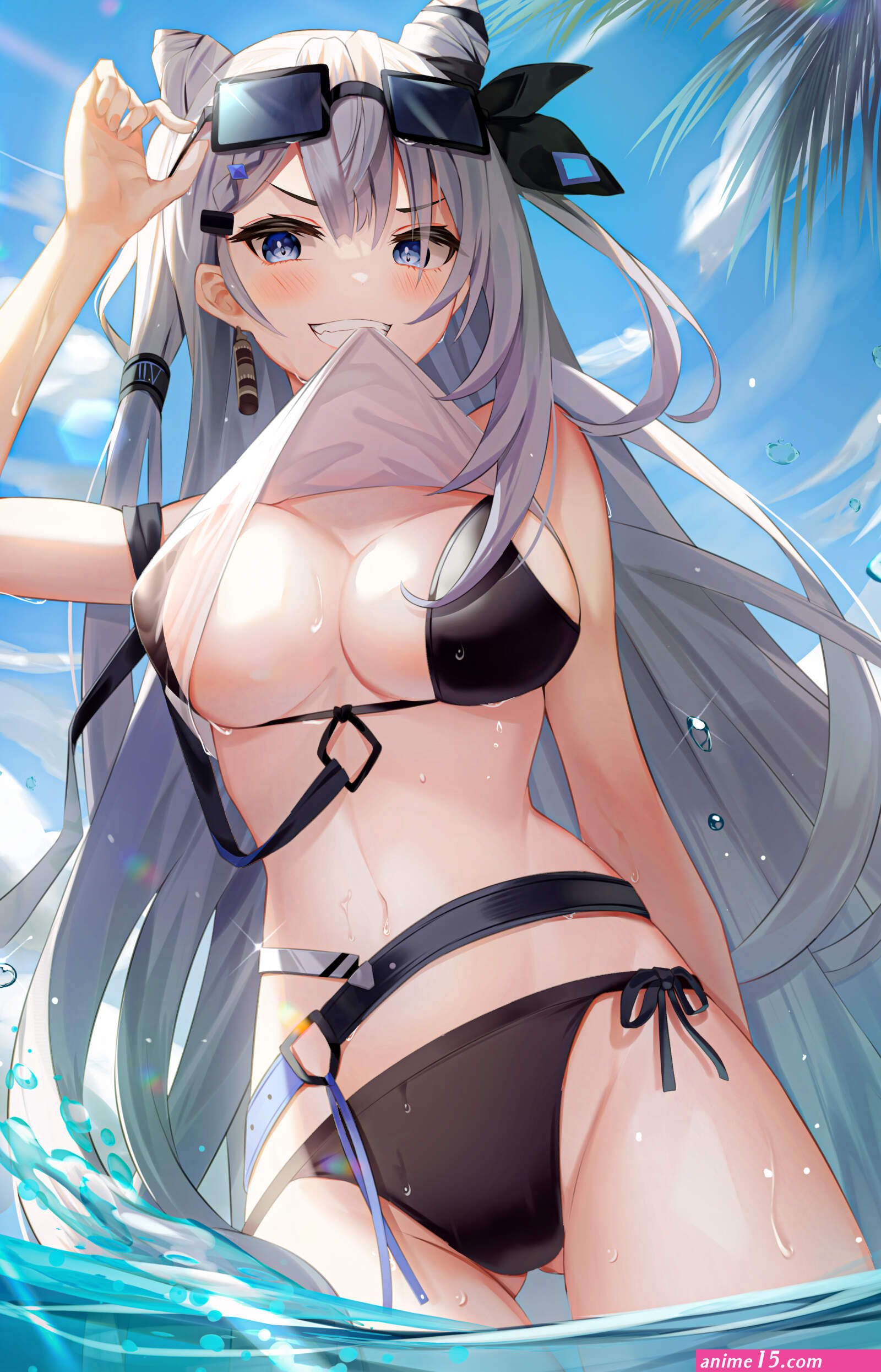 big boobs anime anime girls beach water drops bikini standing in water sunglasses water Hololive Vestia Zeta