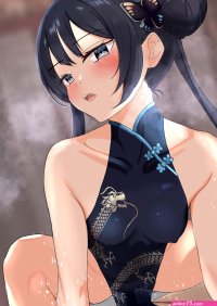 kisaki blue archive blue archive absurdres commentary request highres 1boy 1girl akechi kani arm support black hair blurry blurry background breasts butterfly hair ornament china dress chinese clothes clothed female nude male