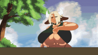 armorv1 animated animated gif highres 1girl animal ears blonde hair blue sky bouncing breasts breasts choker closed eyes clothes lift cow ears cow girl cow horns earthquake gigantic breasts horns huge breasts
