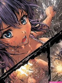 A full-color comic strip depicting a fight scene with cute anime girls spread across multiple pages isolated on a flat black background.