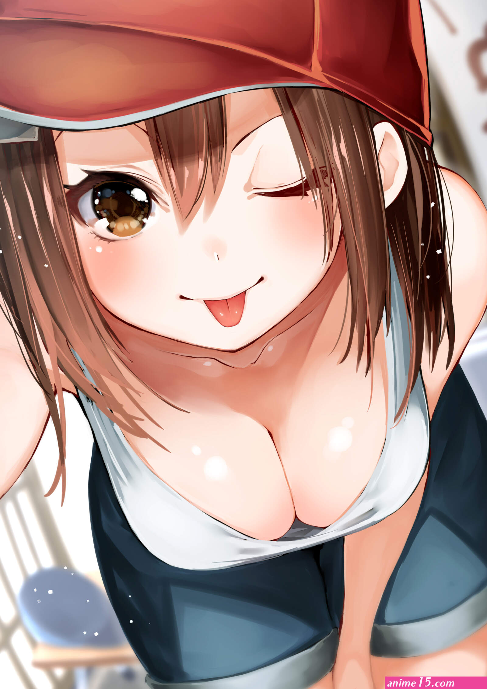 Kawakami Masaki cleavage big boobs bent over one eye closed women with hats tongue out short hair brunette collarbone hair between eyes tongues looking at viewer anime anime girls hat brown eyes