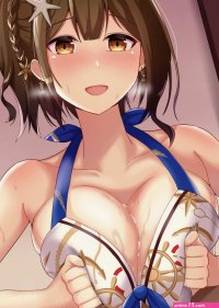 777nasu the idolmster the idolmster shiny colors kuwayama chiyuki bikini top breast hold censored cum paizuri penis swimsuits