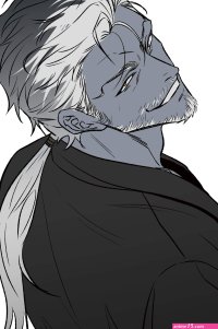 absurdres character request copyright request highres 109ddong 1boy bara beard black coat blue skin coat colored skin facial hair male focus mustache mustache stubble parted lips ponytail smile solo stubble upper body