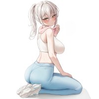 4K sports bra digital art original characters silver hair big boobs ass simple background ponytail sideboob Biya boobs thighs anime girls HD Wallpaper