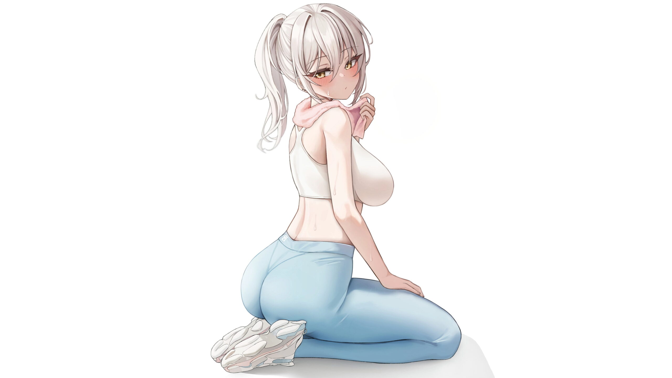 4K sports bra digital art original characters silver hair big boobs ass simple background ponytail sideboob Biya boobs thighs anime girls HD Wallpaper