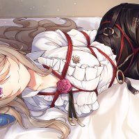 BDSM hair in face smiling lying down legs together brunette Yiduan Zhu tied down anime anime girls rope bound purple eyes shibari Rita Rossweisse Honkai Impact 3rd Honkai Impact artwork