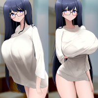 nicorima original absurdres highres huge filesize 1girl black hair blue eyes breasts closed mouth eyebrows hidden by hair glasses hair between eyes huge breasts indoors long hair long sleeves loose clothes loose