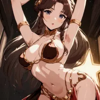 Anime girl with a very big breast posing in a red dress