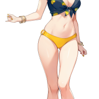 cha hae-in solo leveling solo leveling: arise absurdres highres official art 1girl anklet bikini bikini bottom only blonde hair blue shirt bracelet braid braided bun brown eyes center opening earrings full body