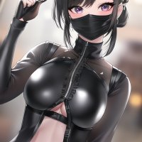 boobs belly anime girls NovelAI latex mask purple eyes black hair gloves fingerless gloves