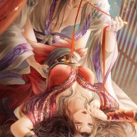 youyou yuni wan chi lian qin shi ming yue qinshi mingyue absurdres character request highres 1boy 1girl bare legs bare shoulders black hair chinese clothes couple curtains dress glint hair tie hand
